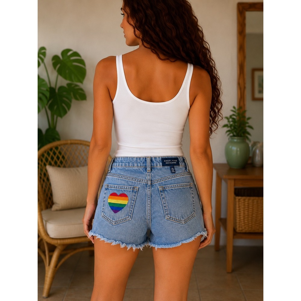 Angel Kiss Denim Rainbow Heart Embroidered Cut Off Shorts Light Wash Blue 26